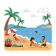 Vibrant summer beach scene illustration featuring relaxation, play, and tropical seaside vacation