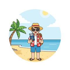 Animated traveler enjoys tropical beach vacation with passport and boarding pass anticipation