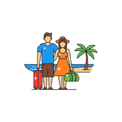 Vector illustration depicting a couple enjoying a tropical beach vacation getaway with baggage and
