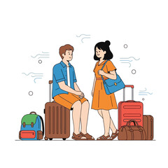 Young couple ready for adventure: Anticipating the journey with luggage and excitement displayed