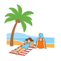 Relaxing beachside getaway with sunbathers under a swaying palm tree in vibrant tones