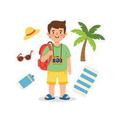 Cartoon illustration of a boy tourist ready for a beach holiday adventure scene