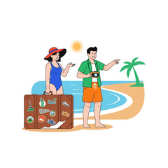 Couple's Tropical Getaway: Beach Vacation Bliss with Luggage and Island Anticipation