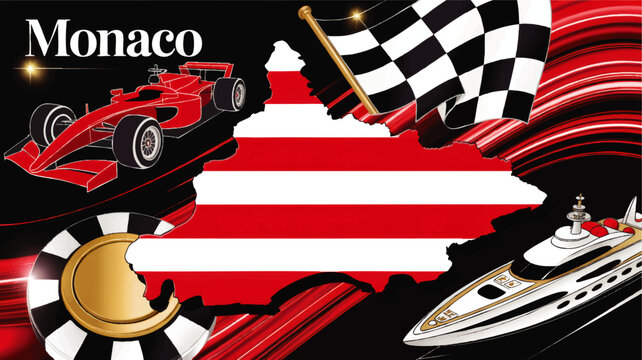 Monaco luxury grand prix illustration with red race car, yacht, casino chip, checkered flag and map on bold red and black background