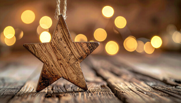 Wooden Christmas star ornament in a warm rustic setting, soft festive lighting, handcrafted charm