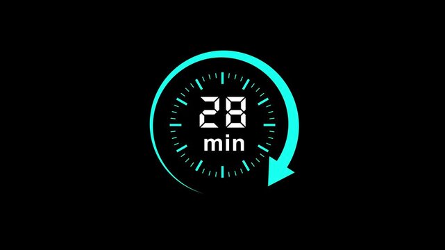 Video timer icon animated with 28 min. Stopwatch icon in flat style. 28 minute timer symbol, isolated on transparent background with alpha channel.