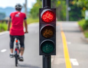 Bike traffic light showing red, with blurred cyclist approaching, on a paved road, nature backdrop