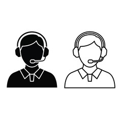 Customer service operator icon set, silhouette and outline style, isolated on white background. communication headset.