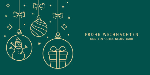 Christmas card with holidays decoration. Merry Christmas and Happy New Year background with text on German language