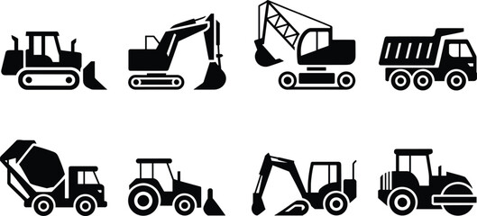 Construction vehicle silhouettes, bulldozer, excavator, crawler crane, dump truck, cement mixer, front loader, mini excavator, road roller © Mst