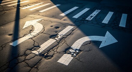 Cracked Crossroads: Directional Arrows on Worn Asphalt