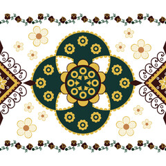Abstract seamless vector pattern featuring cute yellow floral decoration for fashion textile art with geometric ethnic aztec line and traditional embroidery decoration.Native American tribal fabric.