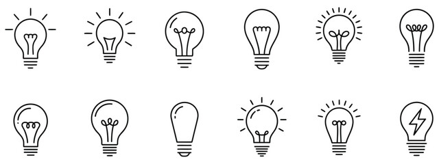 Light bulb icons, minimalist vector illustrations representing innovation, creativity, and smart technology, ideal for digital interfaces, presentations, educational materials, and technology-themed d