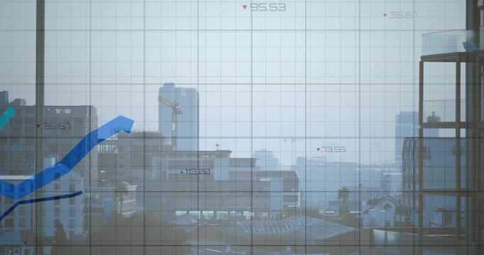 Data grid showing causing color lines drawing rising crossing falling showing trends over hazy city