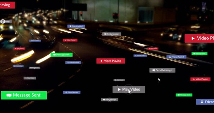 Cursor clicking starting floating badges appearing and clustering over night road, showing alerts