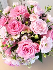Obraz premium Beautiful arrangement of soft pink roses and delicate blossoms in a charming floral bouquet