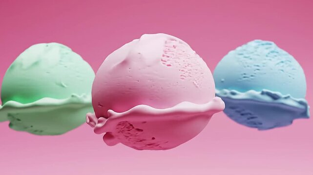 Three scoops of colorful ice cream floating against a pink background.