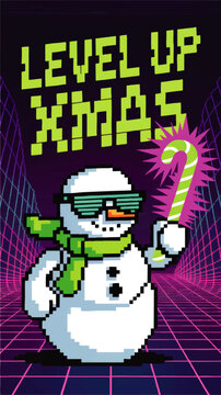 Retro gamer Christmas poster with pixel snowman, neon candy cane and Level Up Xmas text on futuristic grid background