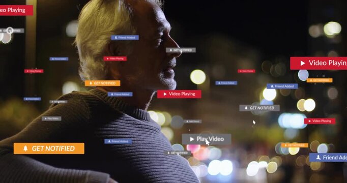 Senior man sitting bench rising and leaving reacting to spreading technology UI and play icons