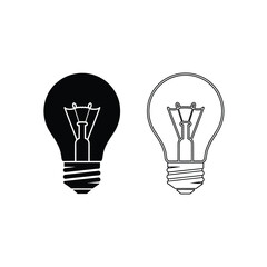 Invention and innovation represented by contrasted icons of a solid black and a line art incandescent light bulb.