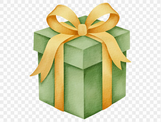 Watercolor gift box with yellow ribbon festive Christmas winter holiday illustration. Vector.