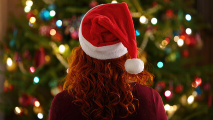 A girl in a New Year's hat on a Christmas background