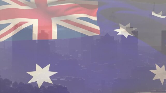 Australian flag rippling and folding via loop, stars shifting, skyline visible for studio backdrop