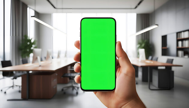 Hand holding mobile smartphone with blank green screen chroma key for mockup in modern open plan corporate office interior with computers and tables background business app display