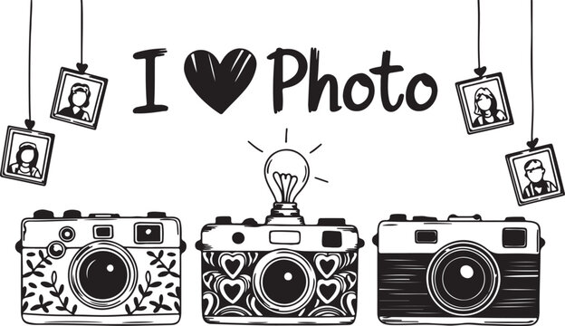 Minimalist black and white illustration celebrating the love of photography with vintage cameras and photo frames