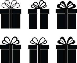 Gift box icon set, black silhouette, festive clipart, holiday vector, ribbon bow, present design, celebration graphic, Christmas wrap, packaging symbol, elegant decor, 