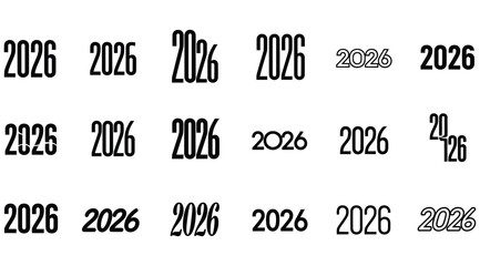 A collection of the year 2026 in various fonts and styles, showcasing a variety of typographic representations for use in design, calendars, invitations, and commemorative materials isolated on