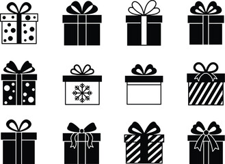 Gift box icon set, festive clipart, holiday vector, black silhouette, ribbon bow, wrapping design, seasonal decor, celebration graphic, polka dot box, snowflake gift, striped present