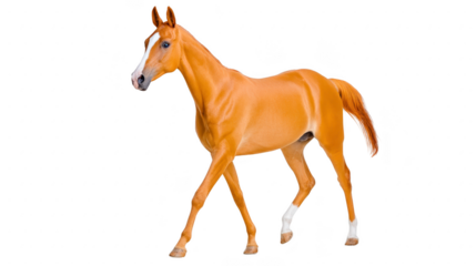 Elegant chestnut horse with white markings walking gracefully, isolated transparent background, showcasing strong muscular body, healthy coat, and alert expression, suitable for equestrian themes