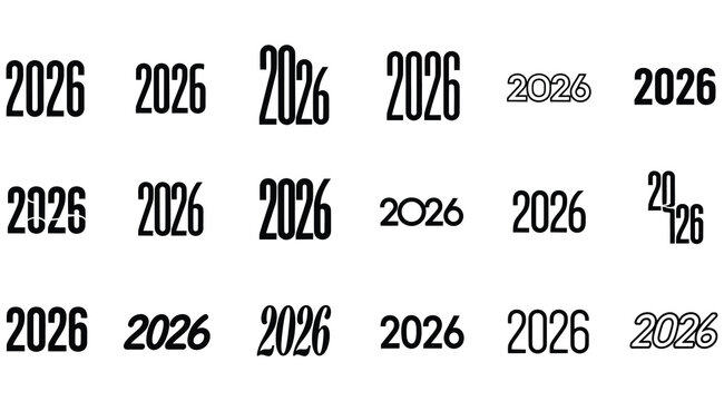 A collection of the year 2026 in various fonts and styles, showcasing a variety of typographic representations for use in design, calendars, invitations, and commemorative materials isolated on