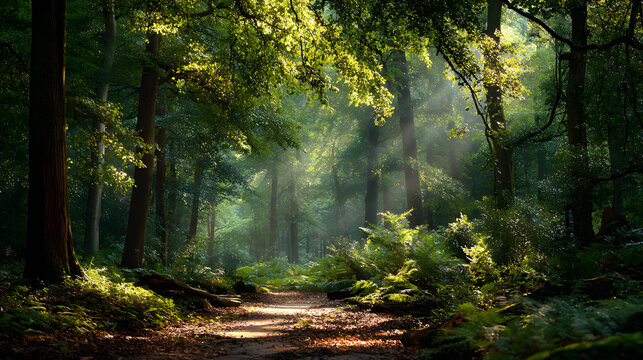 Gentle sunlight filtering through leaves creating calm and introspective forest mood 