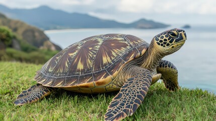 Obraz premium A close-up of a turtle resting on green grass with a scenic coastal background showcasing hills and water.