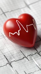 Heart model placed on an electrocardiogram print showing heart activity in a medical setting