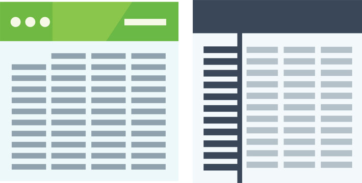 Two abstract table layouts with green and dark blue headers spreadsheet data
