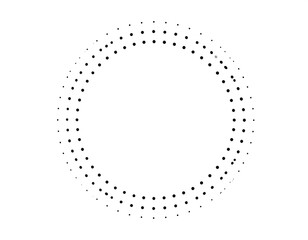 Circular pattern of dots, diminishing outwards from the center in black on a white background