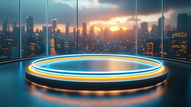 Virtual News Studio with a Futuristic Neon Stage and a City Sunset a professional broadcast background for breaking news releases political analysis and corporate announcements.