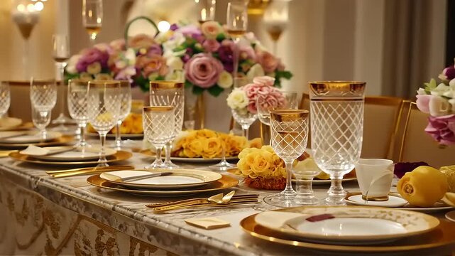 Luxurious Dining: Elegantly Set Table with Fine China, Crystal, and Floral Centerpieces for a
