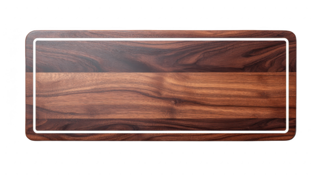 Rectangular wooden cutting board with rich brown grain, smooth surface, and rounded edges, ideal for kitchen food preparation or serving, modern and elegant design