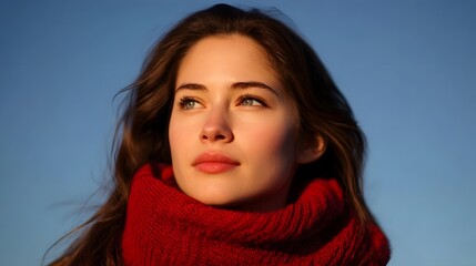 A young woman with a red scarf looking up into a clear blue sky during golden hour