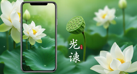 Smartphone displaying white lotus in green pond