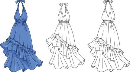 Halter-neck ruffled maxi dress fashion sketch, front and back garment template, cad drawing flat vector illustration for design
