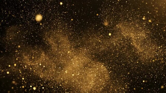 Smooth fluid movement of shimmering gold particles dissolving and scattering across a deep black background futuristic, wealth, luxury
