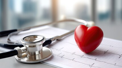 Medical tools and heart symbol on a table, representing health monitoring and care in a hospital setting during daylight hours