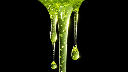 Viscous bright green liquid dripping slowly against a solid black background in a closeup studio shot