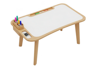 Wooden children s art easel with whiteboard and art supplies isolated on transparent background