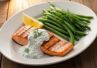 Grilled salmon with green beans and creamy dill sauce, served with lemon.